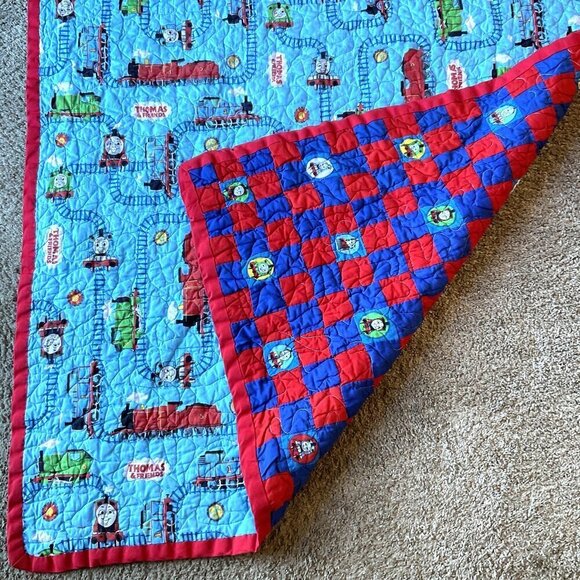 THOMAS AND FRIEND TRAIN DOUBLE SIDED QUILT HANDMADE BLANKET 60" x 38" - Picture 1 of 11